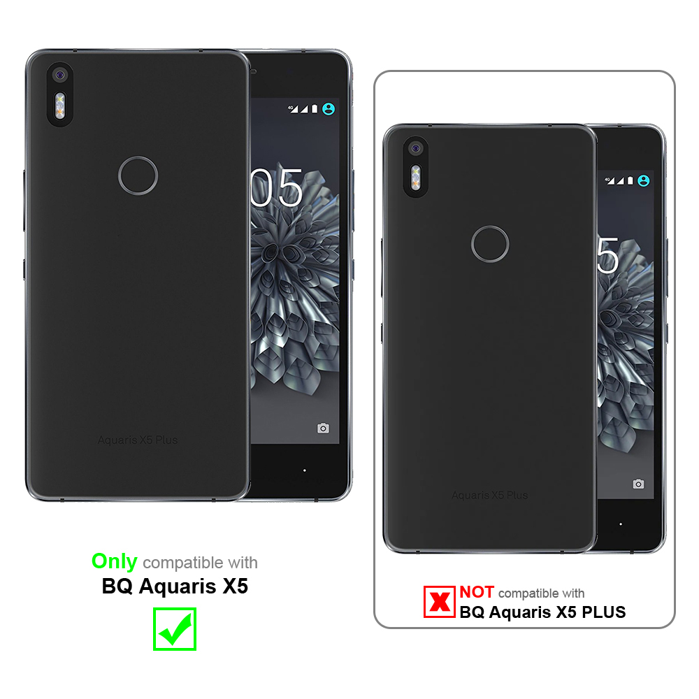 Due smartphone neri. Uno è compatibile con BQ Aquaris X5, l'altro no. Testo presente.