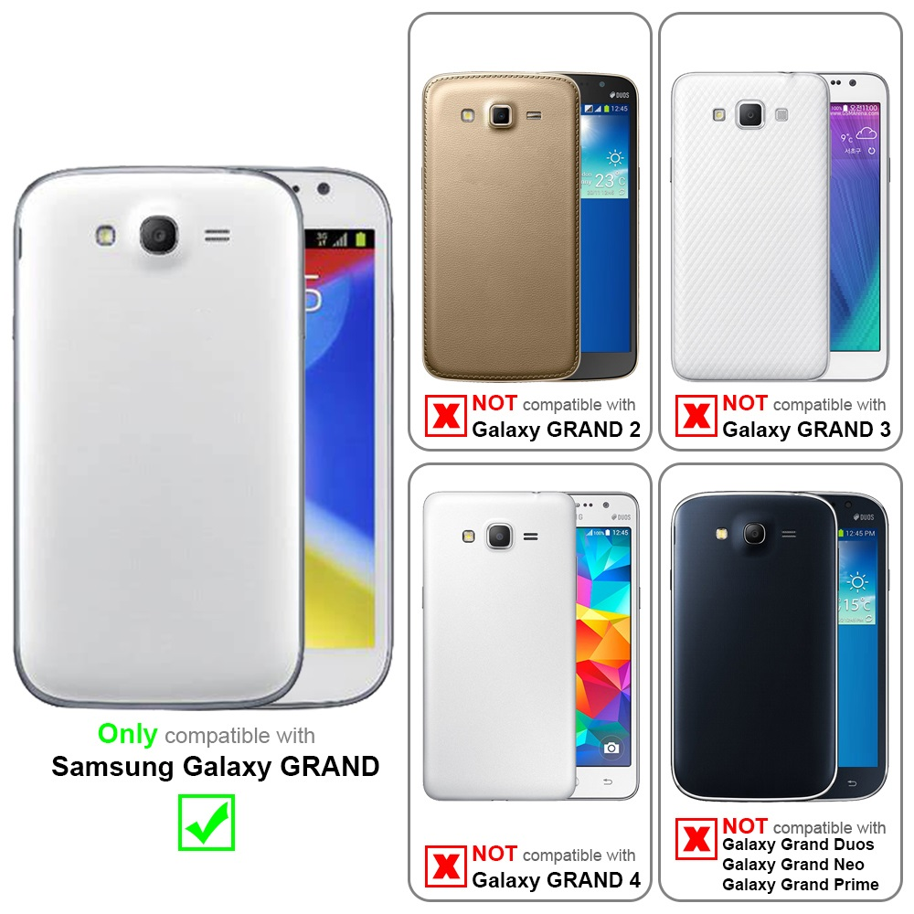 Diverse custodie per telefono, una bianca, oro e nera. Il testo indica la compatibilità con Samsung Galaxy GRAND.