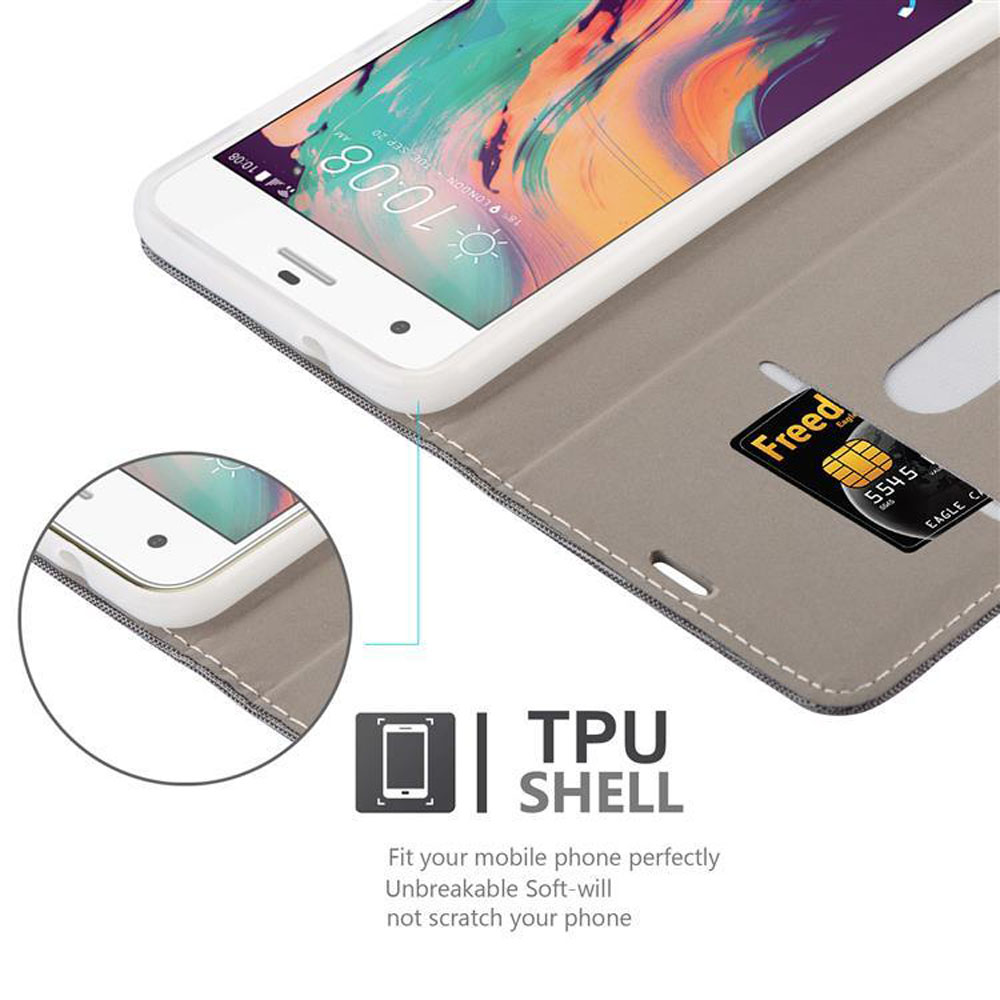 Un telefono in una custodia a libro, aperto per mostrare lo schermo e una carta di credito.
