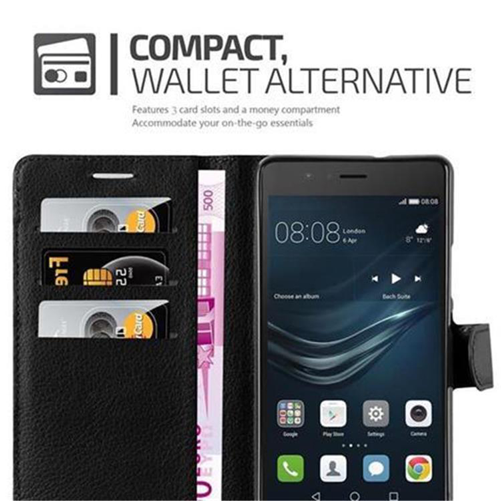 Schwarzes Telefon in einer Brieftasche, mit Karten und Geld. Text lautet 'Kompakt, Brieftaschenalternative'.