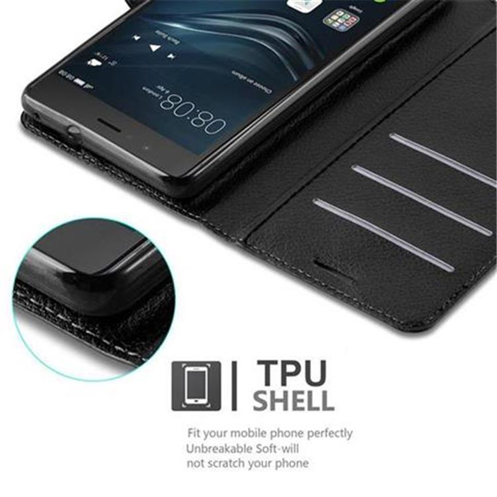 Telefon in schwarzer Hülle, Bildschirm zeigend. Text: TPU SHELL, passt perfekt, kratzt nicht.