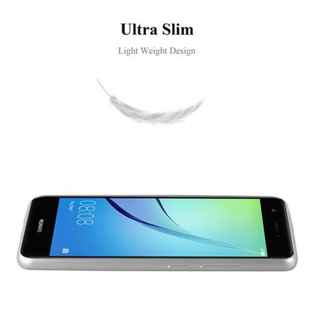 Silbernes Telefon liegt flach, mit einer Feder darüber, auf weißem Hintergrund.