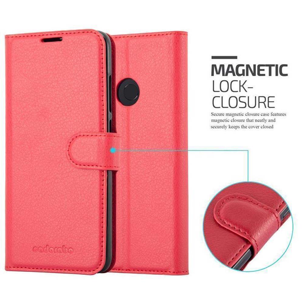 Funda de teléfono de cuero rojo con cierre magnético y vista detallada del cierre.