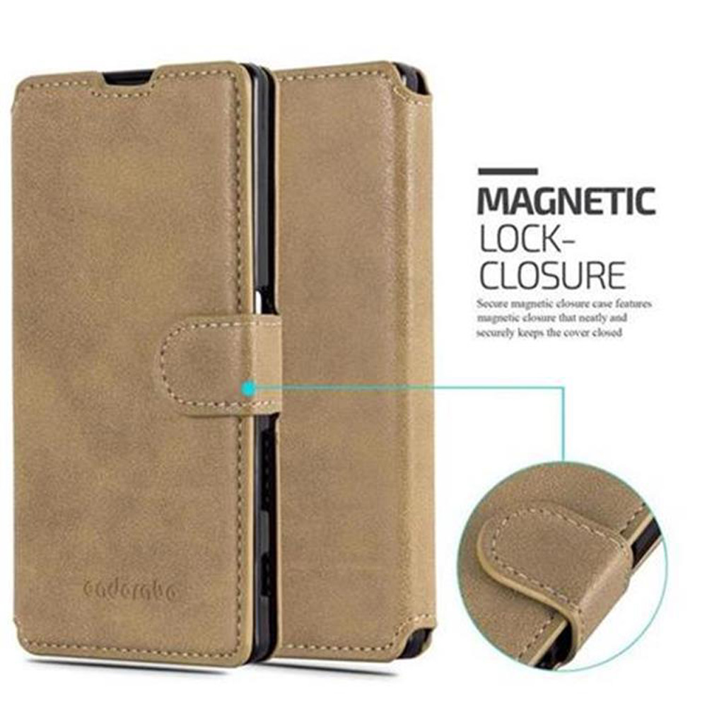 Una custodia per telefono marrone con chiusura magnetica. La cover è aperta per mostrare il telefono.
