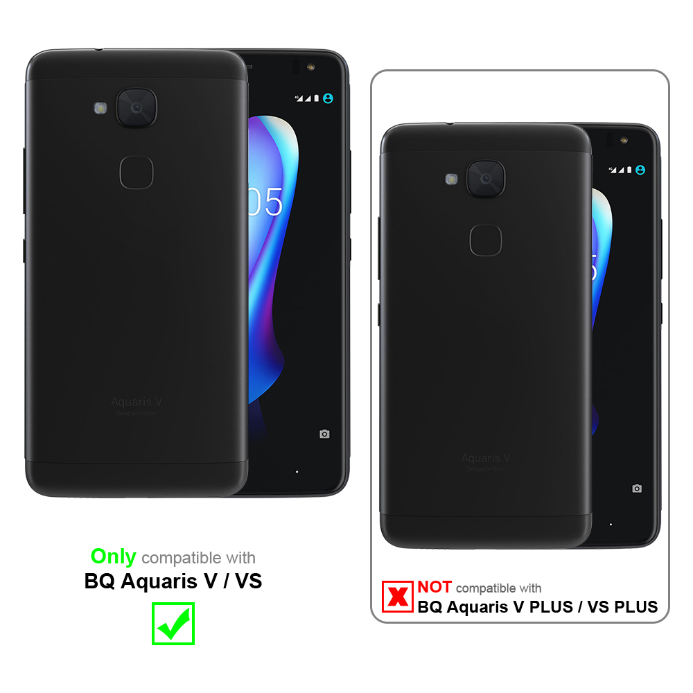 Due telefoni in custodie nere. Uno è compatibile con BQ Aquaris V/VS. L'altro no.