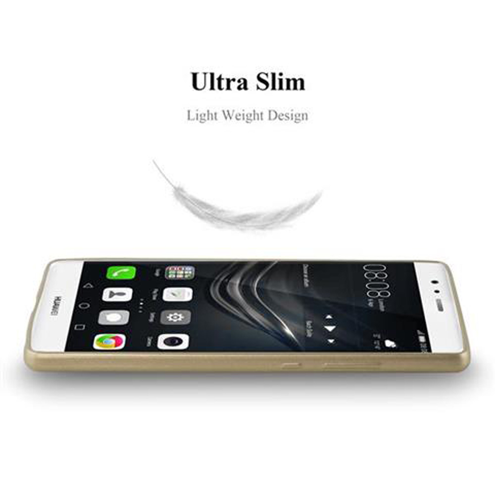 Ein goldenes Telefon mit weißem Bildschirm, der App-Symbole zeigt, eine Feder darüber.