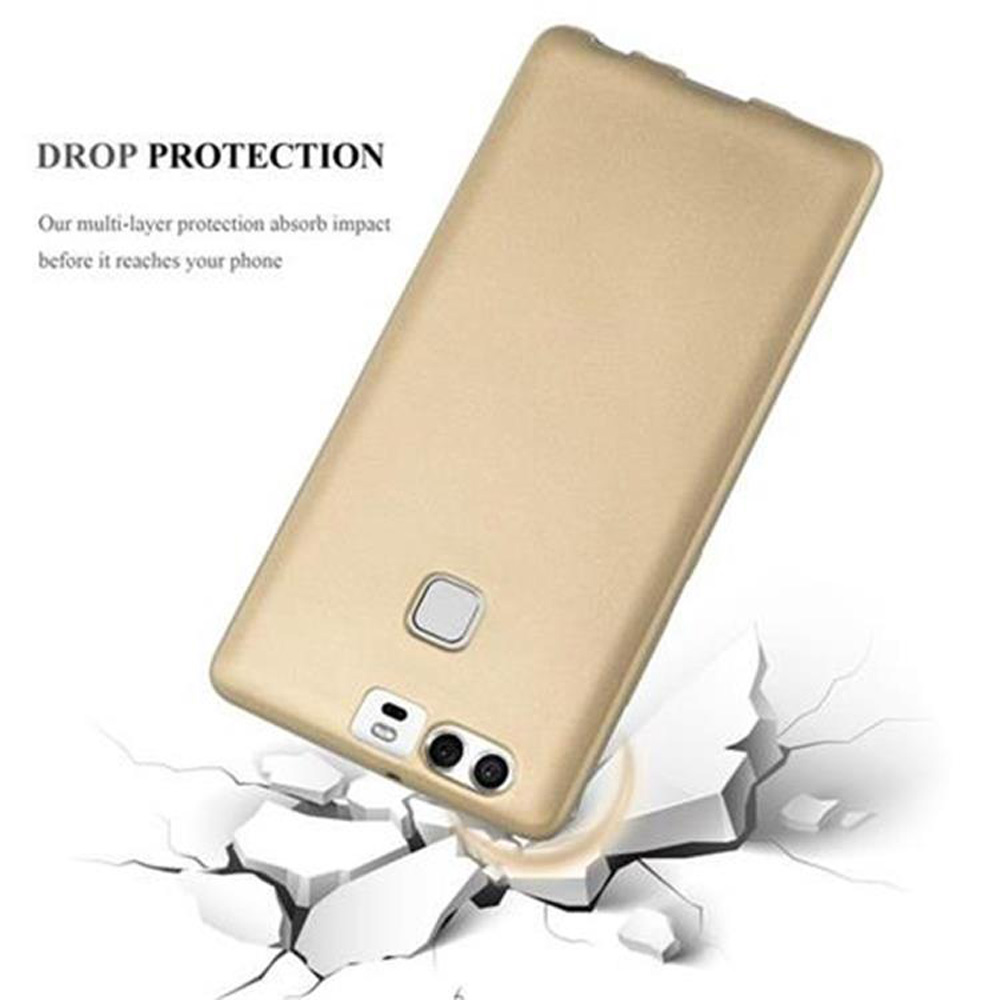 Goldene Telefonhülle auf zerbrochener weißer Oberfläche. Drop Protection Text über der Handyhülle.