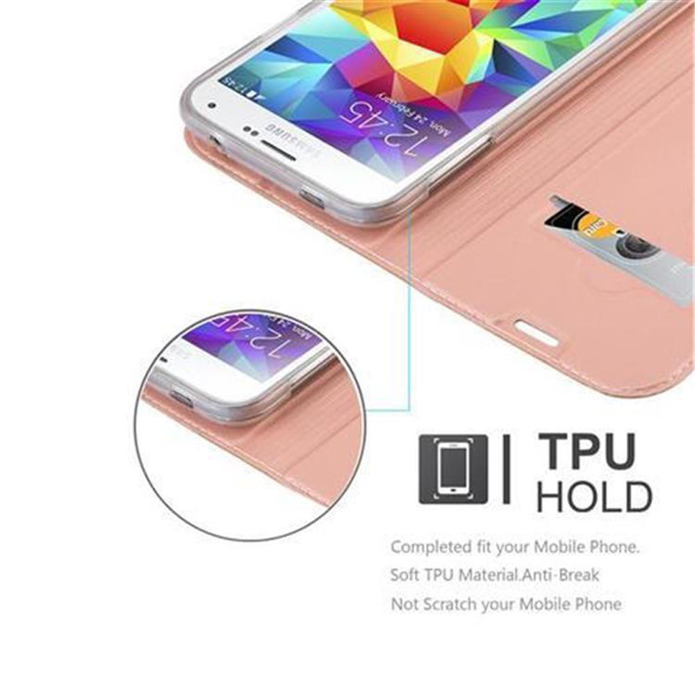 Custodia rosa con telefono all'interno, che mostra lo schermo. Testo: TPU Hold.