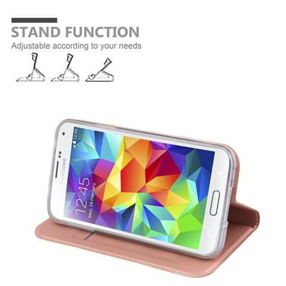 Custodia rosa con funzione stand. Il telefono è nella custodia. La funzione stand è mostrata con icone.