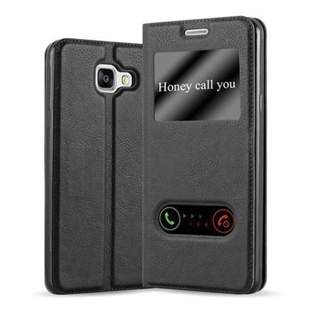 Funda de teléfono negra con tapa abierta. La pantalla muestra "Honey call you" y botones de llamada.
