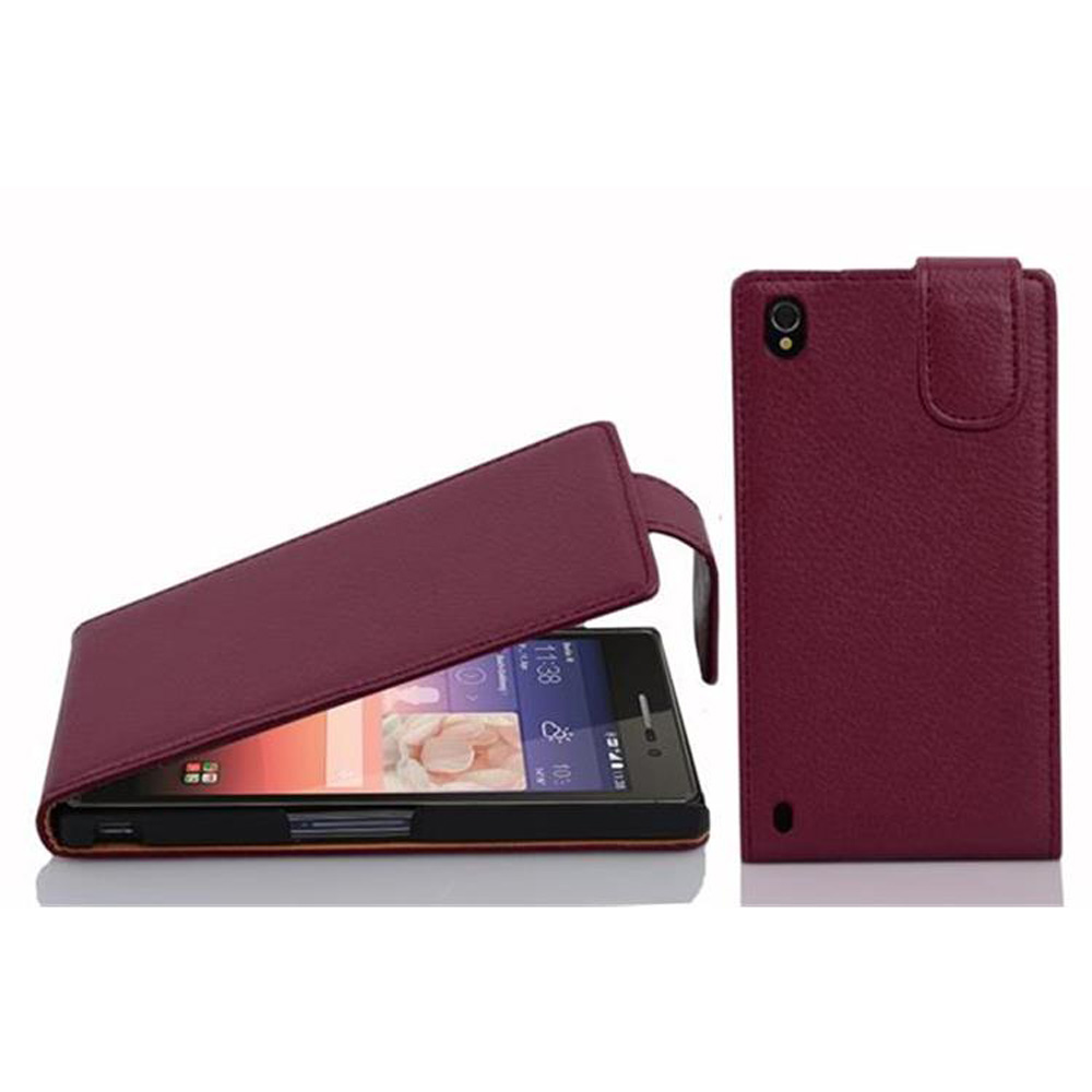 Funda de teléfono burdeos abierta. Teléfono dentro, pantalla visible. Funda cerrada a la derecha.