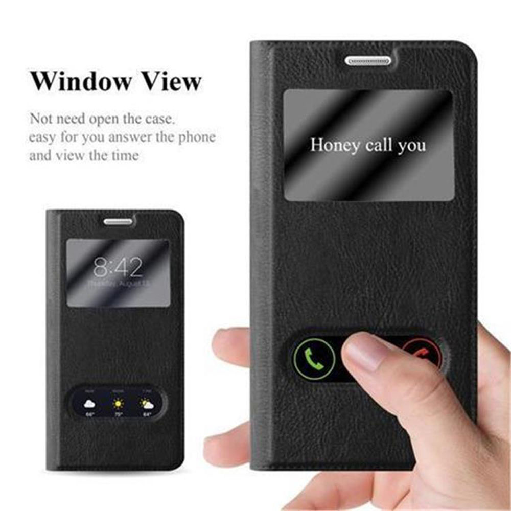 Una funda de teléfono negra con vista de ventana, mostrando la hora y una interfaz de llamada.