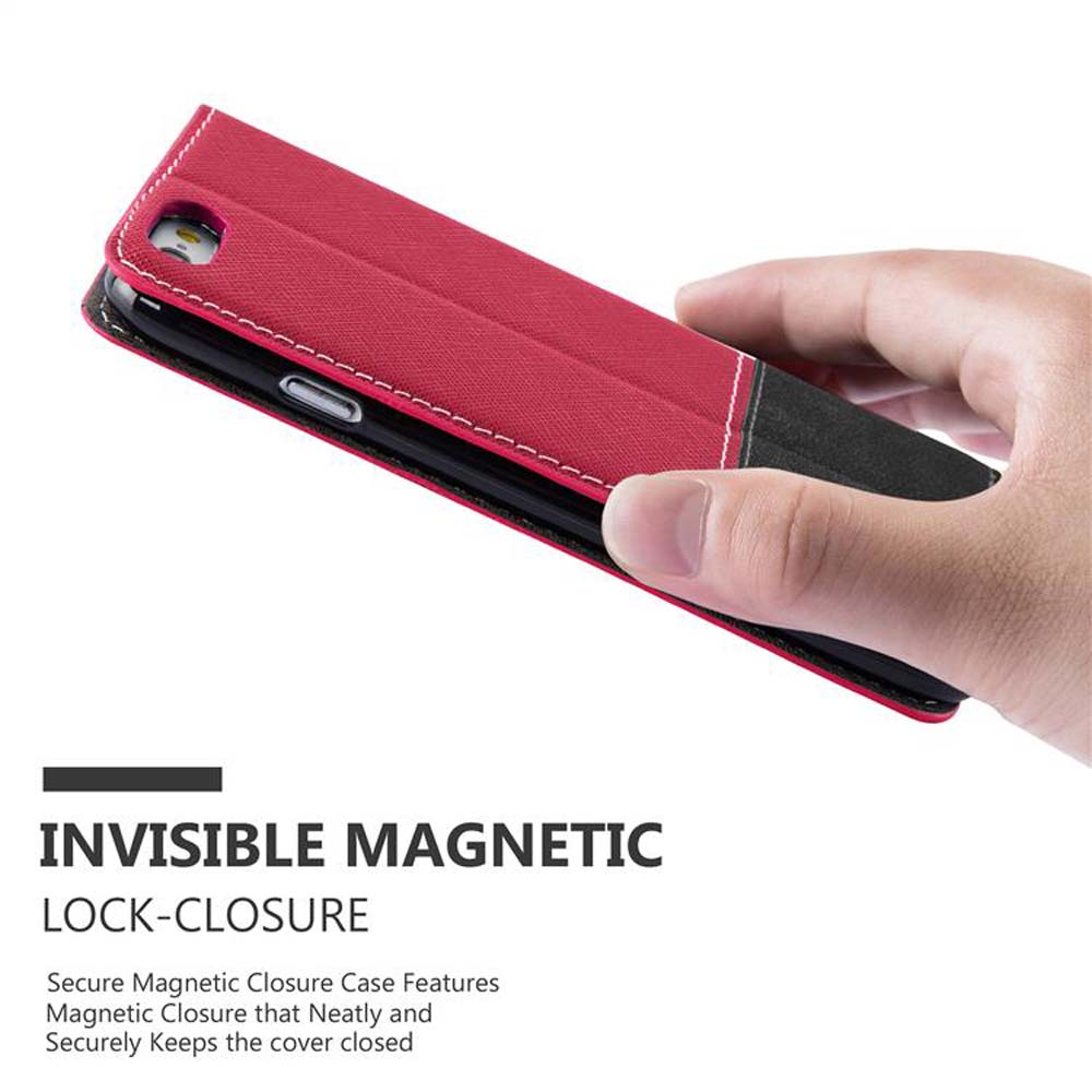 Hand hält eine rot-schwarze Handyhülle, Text: 'INVISIBLE MAGNETIC LOCK-CLOSURE'.