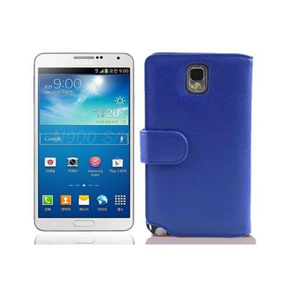 Ein weißes Telefon mit einem Bildschirm, der eine Oberfläche anzeigt, und eine blaue Handyhülle. Die Handyhülle ist geschlossen.