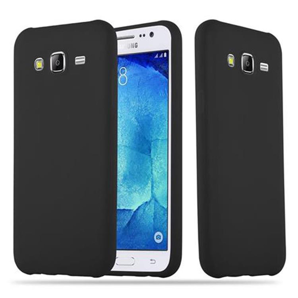 Funda negra para teléfono con un teléfono dentro. También se muestran dos vistas laterales adicionales.