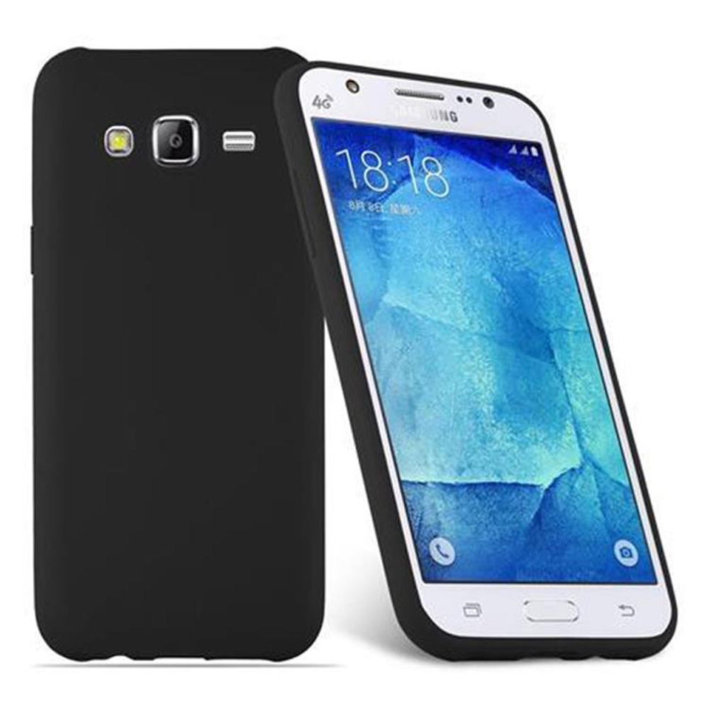 Funda negra para teléfono con teléfono blanco. Cámara trasera negra. Fondo blanco.