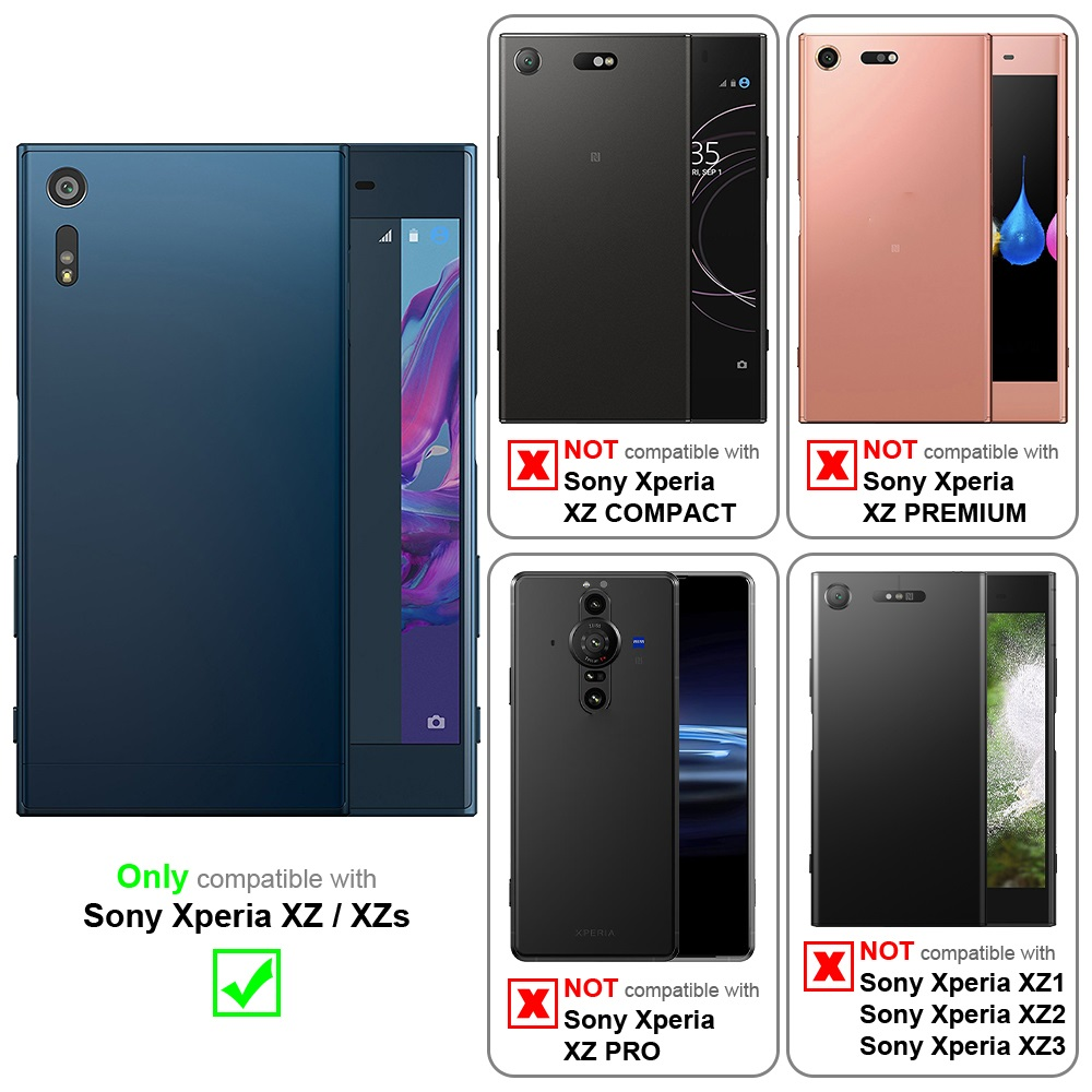 L'immagine mostra la compatibilità con Sony Xperia XZ/XZs. Altri modelli sono contrassegnati come incompatibili.