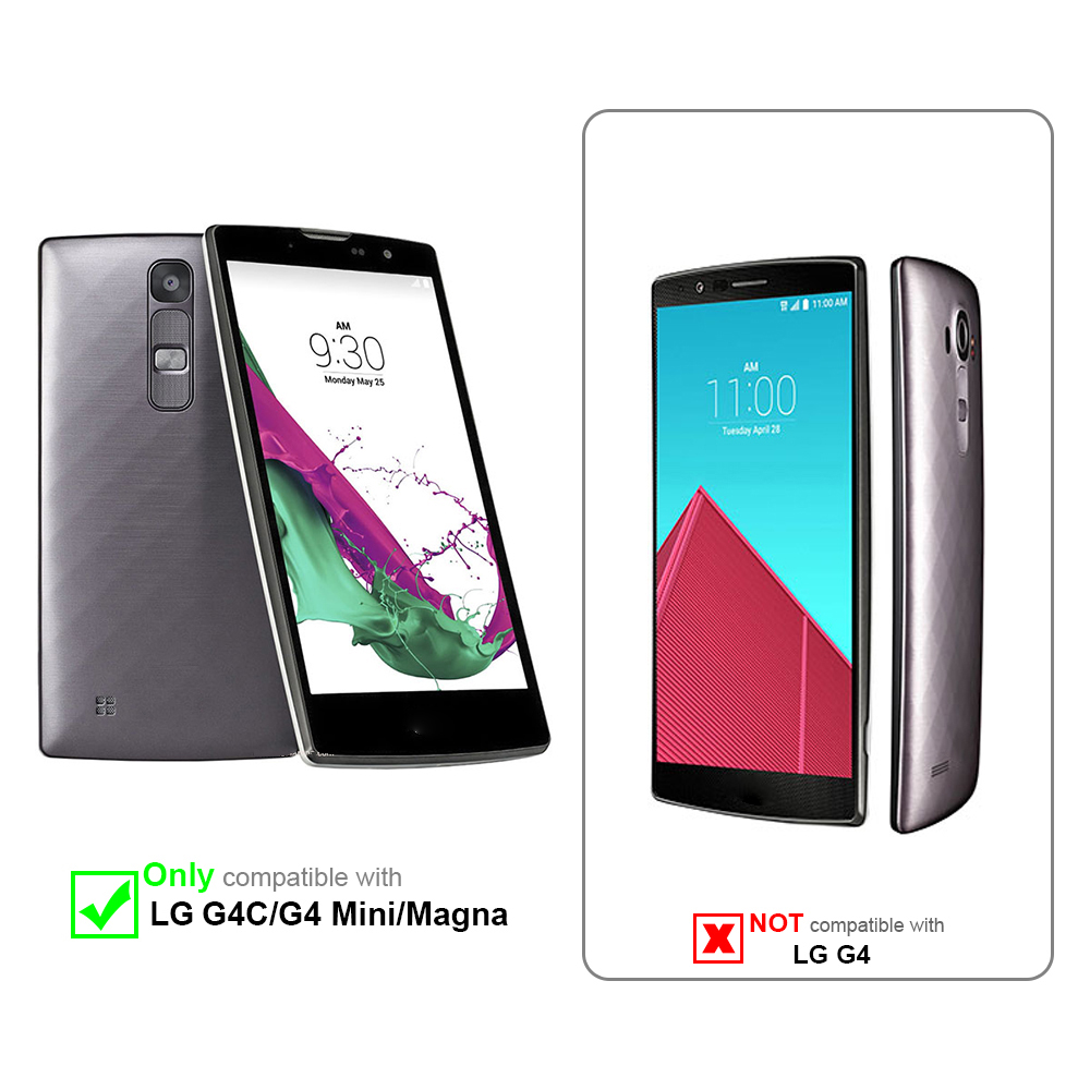 Due telefoni, uno grigio, uno nero. Il testo indica la compatibilità con LG G4C/G4 Mini/Magna, non con LG G4.