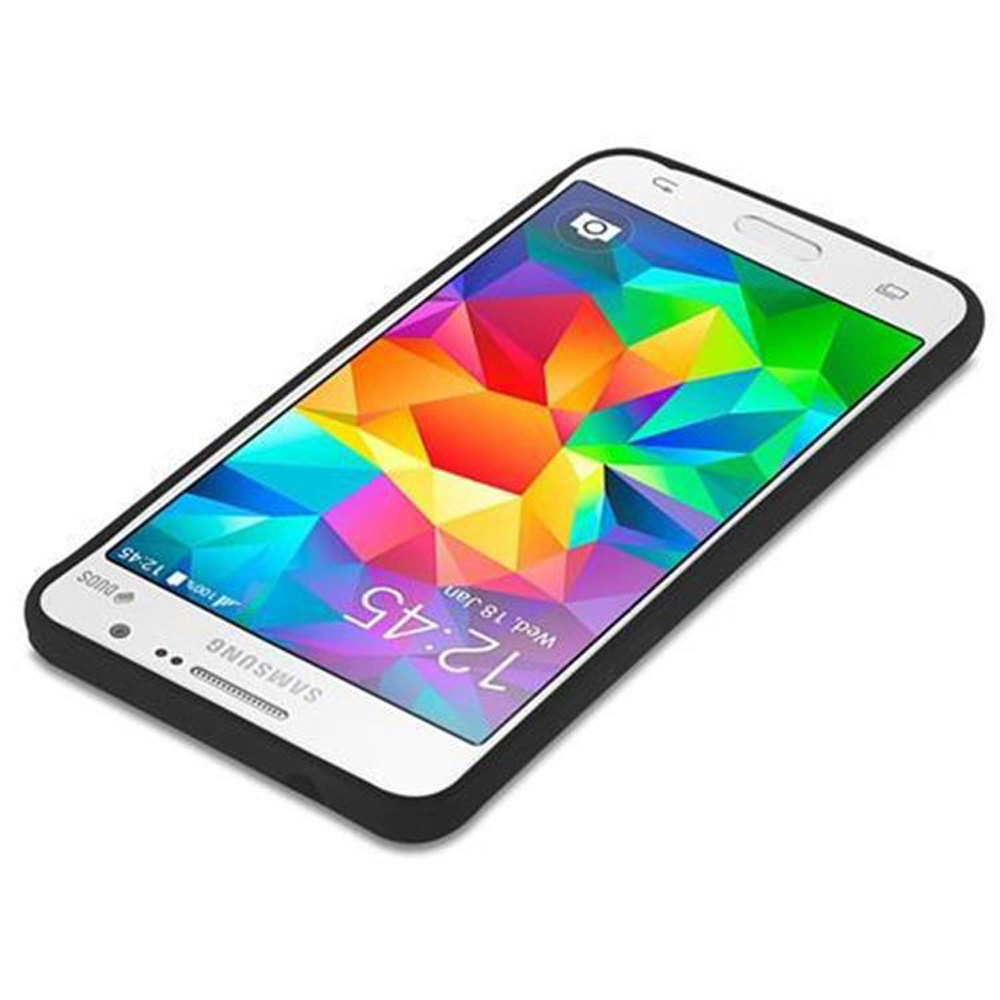 Un telefono Samsung che mostra un'immagine astratta colorata. Ha una cornice nera e uno schermo bianco.