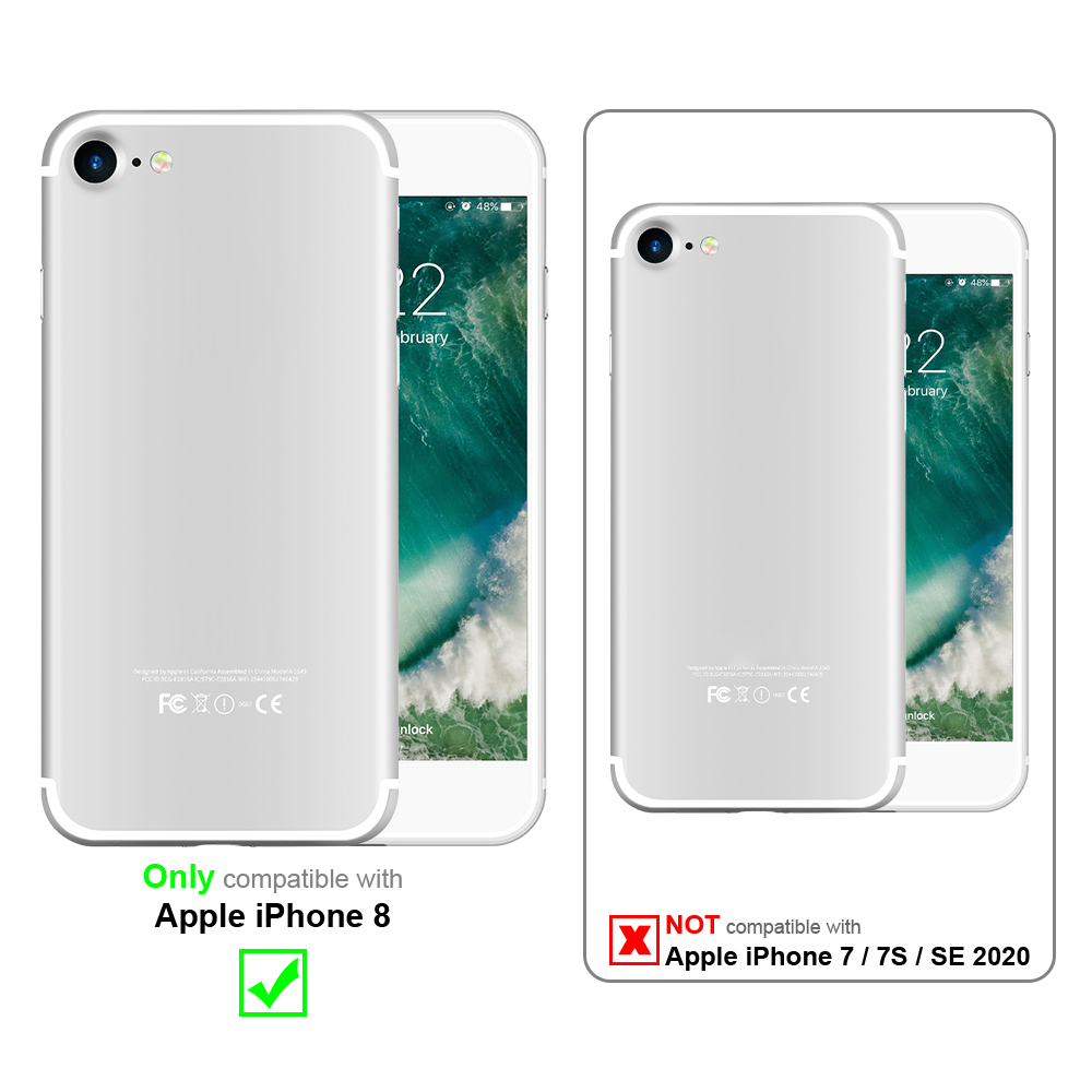 Due iPhone argentati, uno con testo 'Solo compatibile con Apple iPhone 8'.