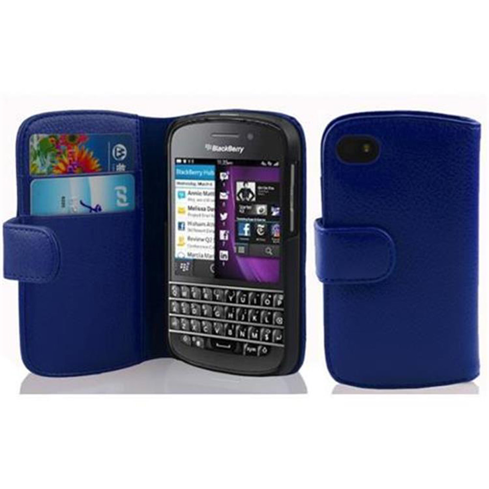 Una funda de teléfono azul con un teléfono BlackBerry dentro. La funda tiene ranuras para tarjetas y un cierre.
