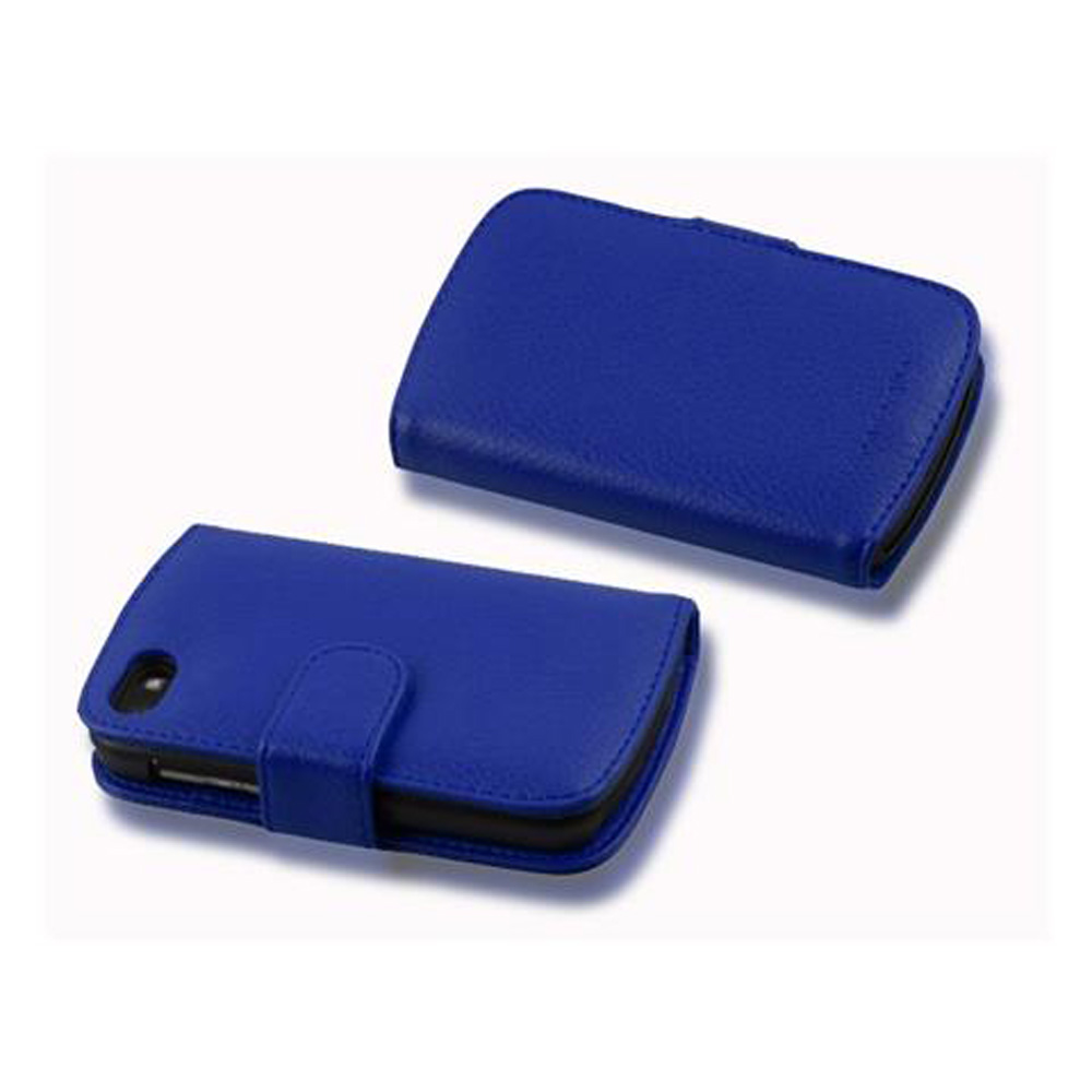 Dos fundas azules para teléfono, una abierta y otra cerrada, sobre fondo blanco.