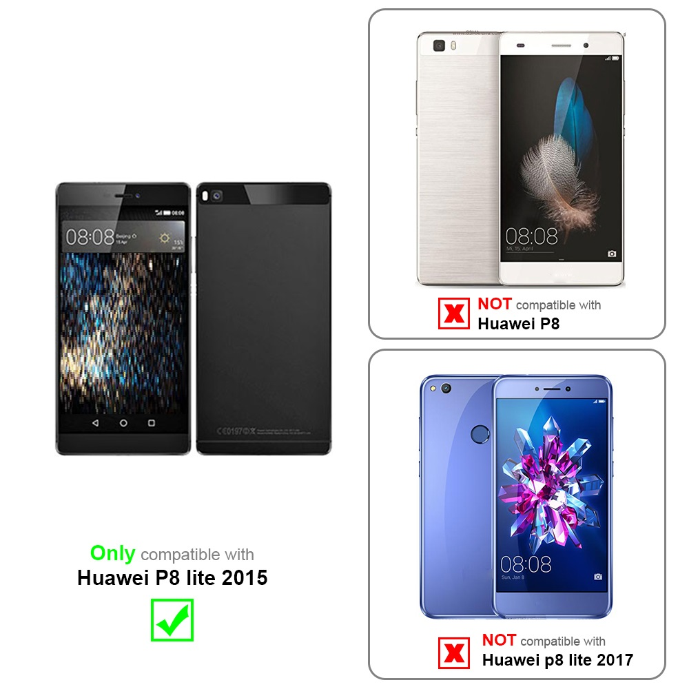 La imagen muestra información de compatibilidad para teléfonos Huawei. Huawei P8 lite 2015 es compatible. P8 y P8 lite 2017 no.