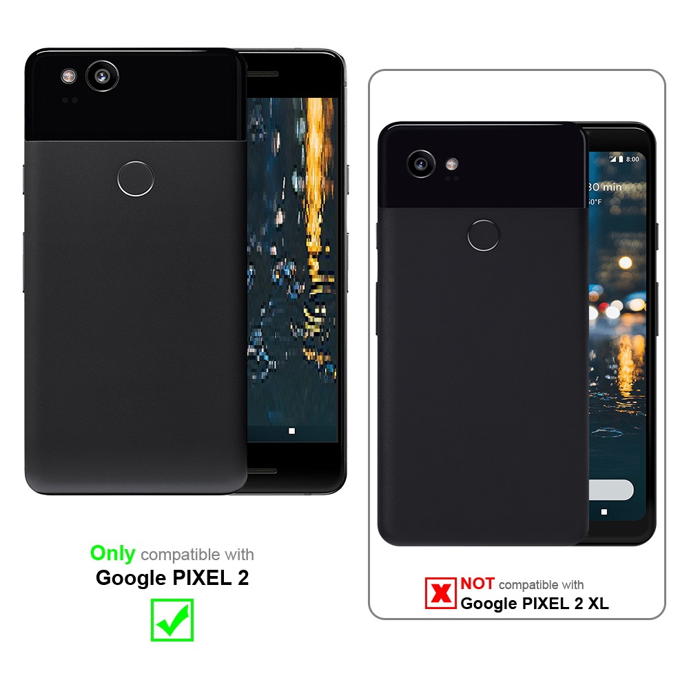 Custodie per telefono: Google Pixel 2 compatibile, Google Pixel 2 XL no. Testo: compatibile. Due telefoni esposti.
