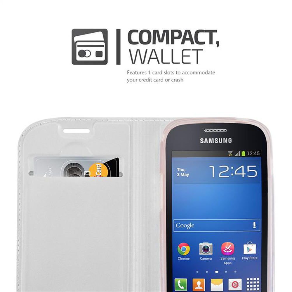 Una custodia per telefono bianca con un telefono all'interno e una carta. C'è un testo che dice Compact, Wallet.