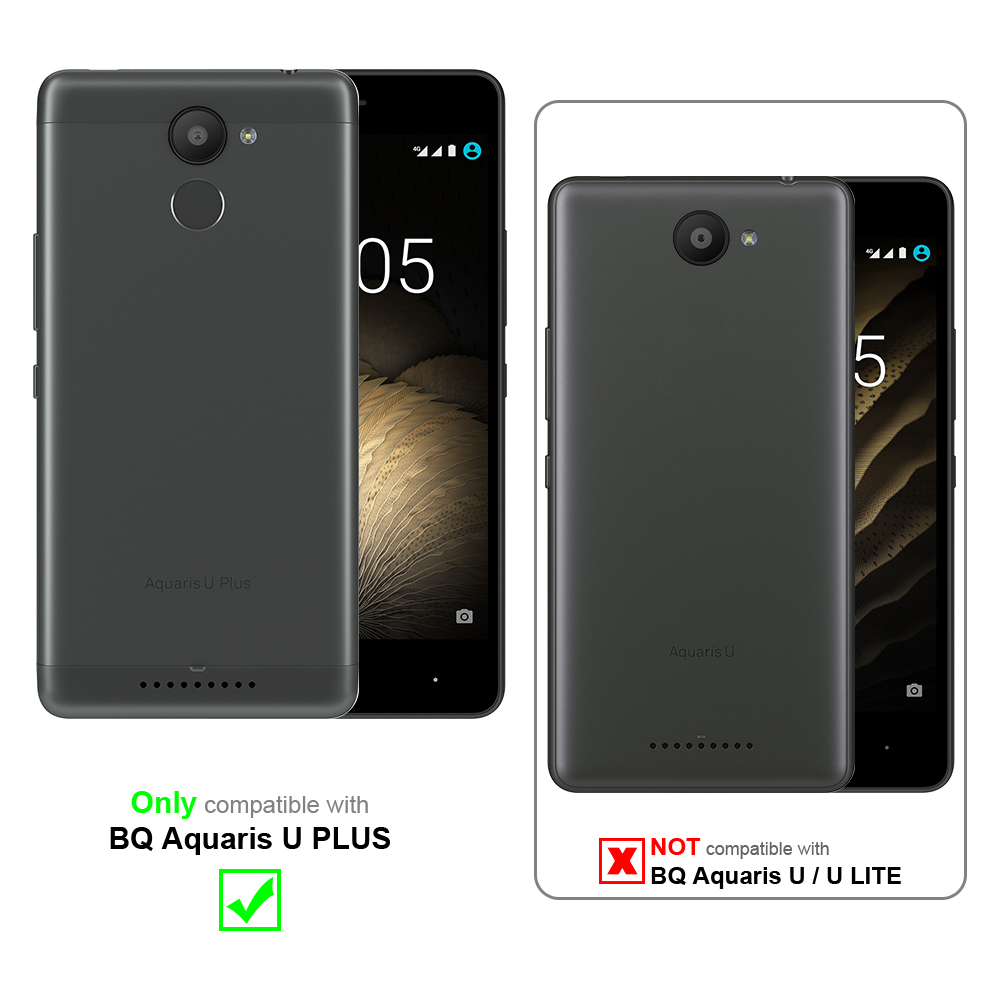 Funda negra para teléfono junto a un teléfono. Se muestra información de compatibilidad. No compatible con BQ Aquaris U / U LITE.