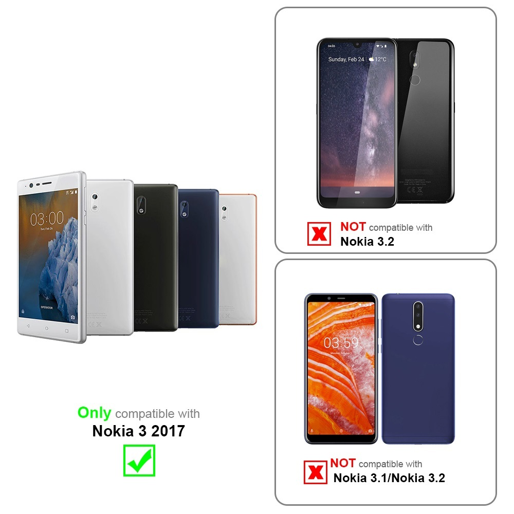 L'immagine mostra i telefoni Nokia e le informazioni sulla compatibilità. Nokia 3 2017 è compatibile, Nokia 3.1/3.2 no.