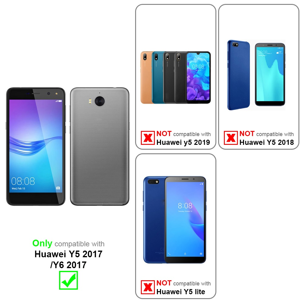 Bilder zeigen Telefone und Kompatibilitätsinformationen. Nur Huawei Y5 2017 ist kompatibel, andere nicht.