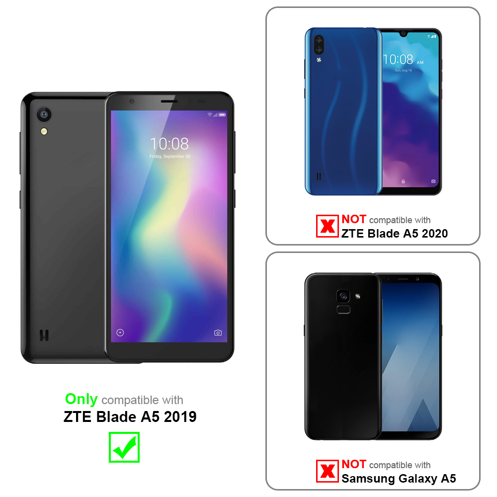 Zwei schwarze Smartphones, eines kompatibel, zwei nicht, mit Vergleichstext und Grafiken.