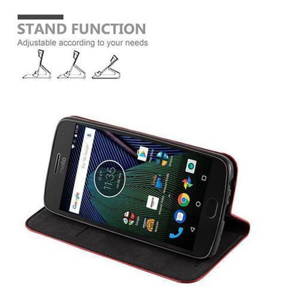 Telefono in custodia, appoggiato, mostra 11:35, con icone funzione stand.