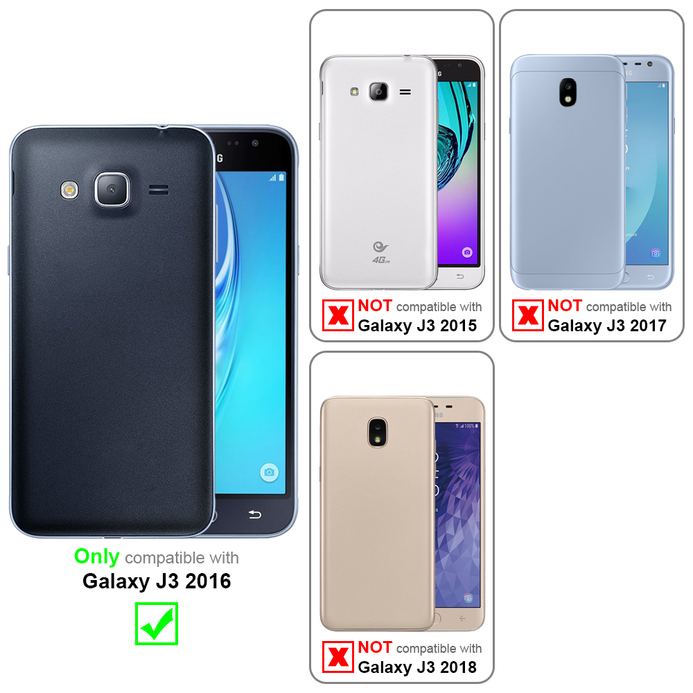 Tabla de compatibilidad de fundas. Solo compatible con Galaxy J3 2016. No compatible con J3 2015, 2017 o 2018.