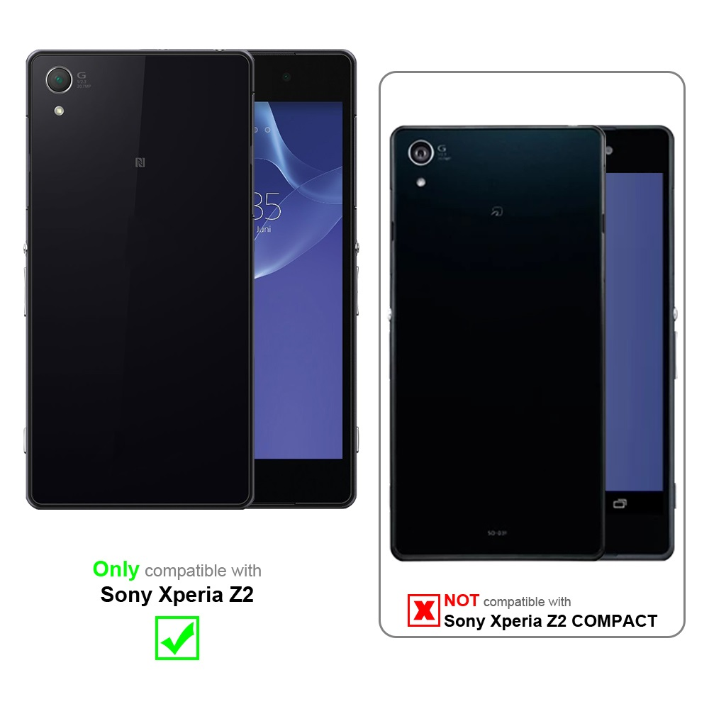 Dos teléfonos Sony Xperia Z2 negros con texto que indica compatibilidad solo con Sony Xperia Z2.