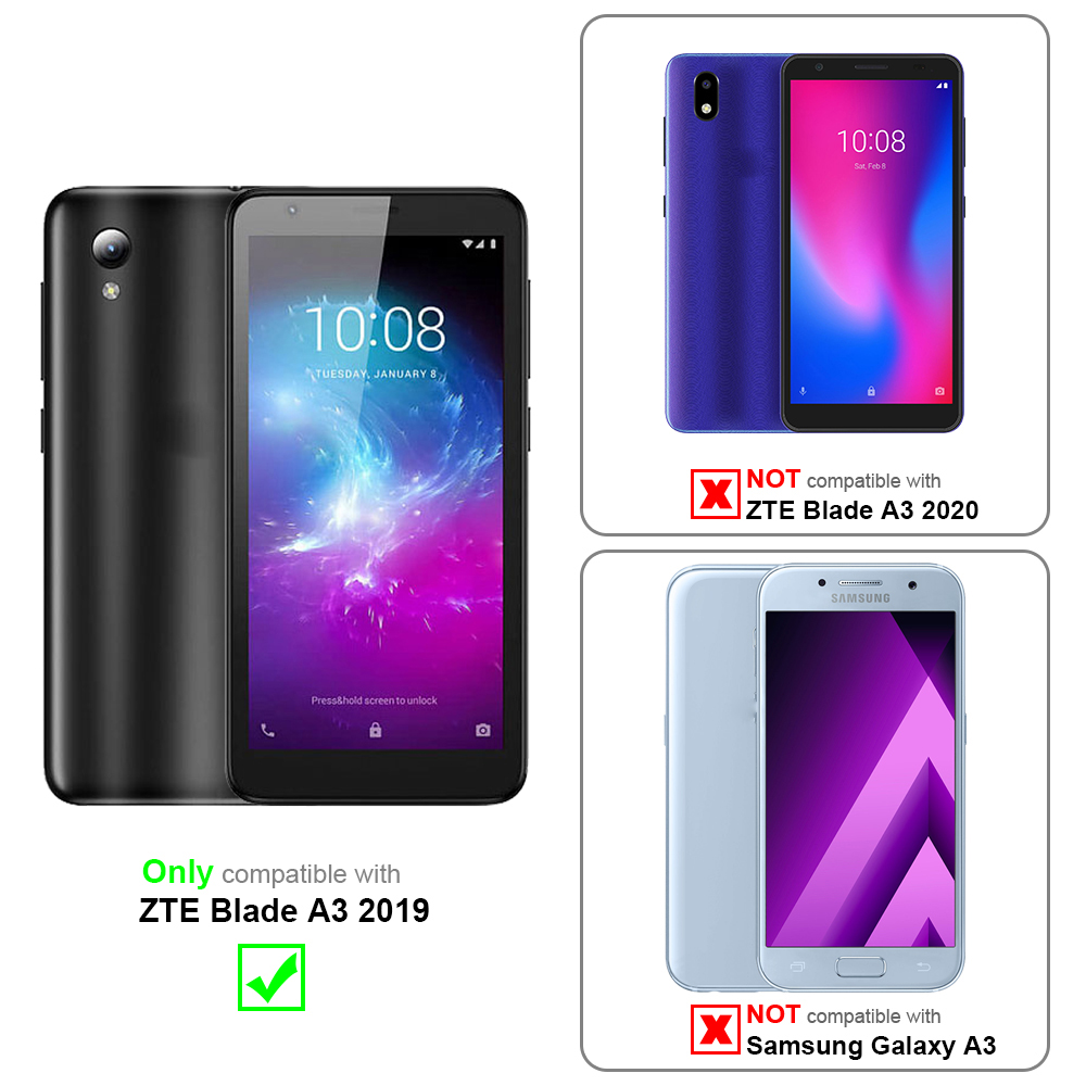 Zwei Telefone mit Kompatibilitätsinformationen. Eins kompatibel, andere nicht. Blaue und schwarze Geräte gezeigt.
