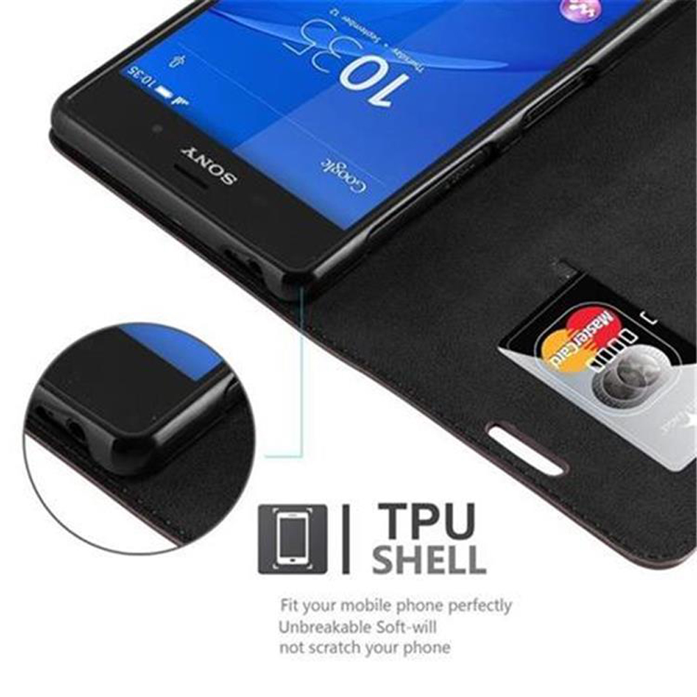 Un teléfono Sony negro en una funda negra. Una Mastercard está en la cartera.