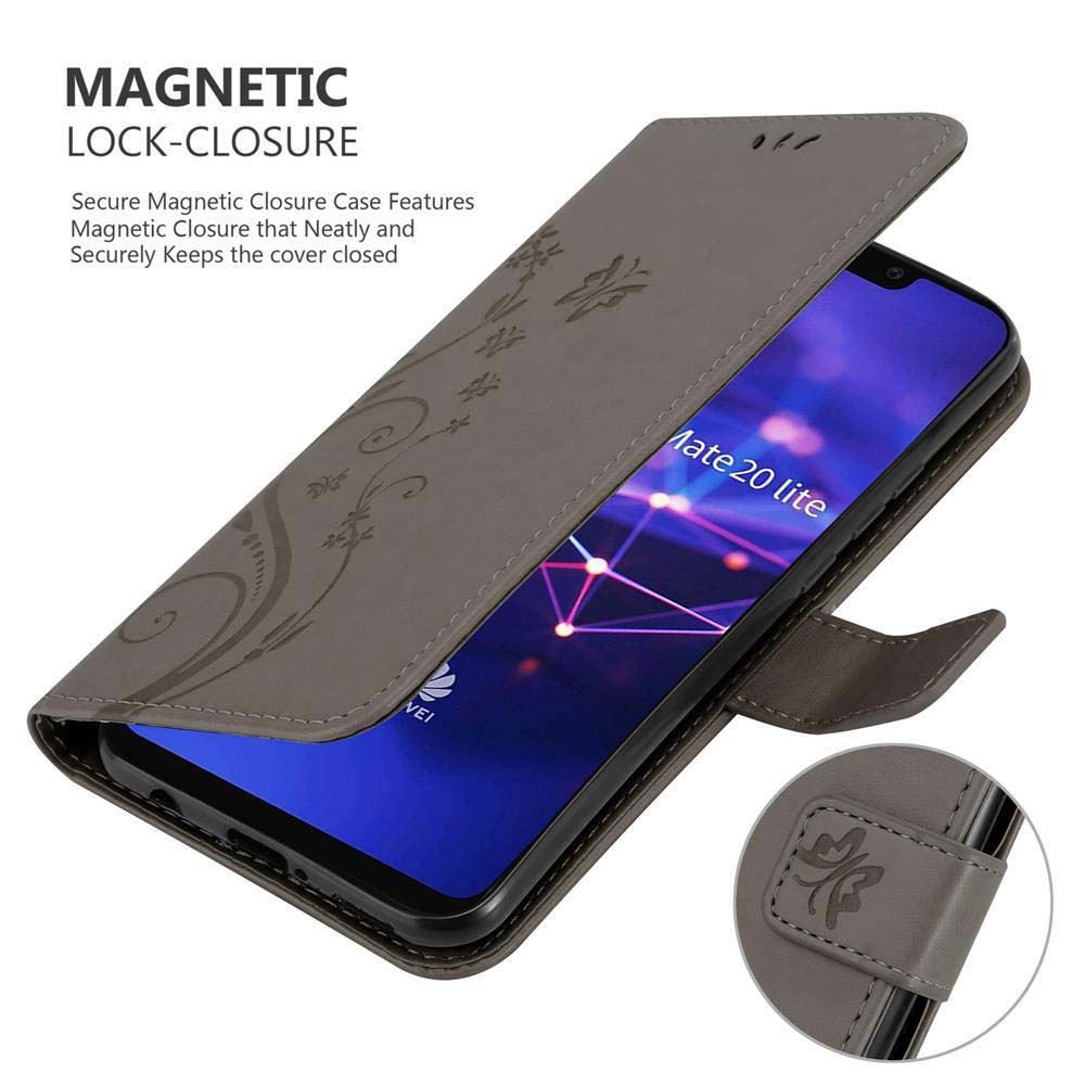 Custodia grigia con telefono all'interno. La cover ha un design floreale.