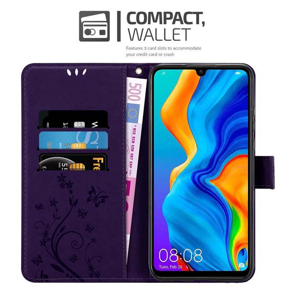 Custodia per telefono viola con un telefono all'interno. Ha fessure per carte e una tasca per soldi.