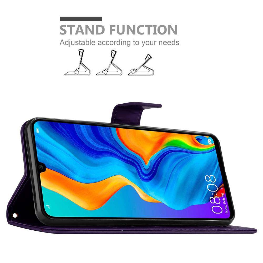 Custodia per telefono viola in modalità supporto con un telefono. Testo: 'Stand Function' e illustrazioni del supporto.