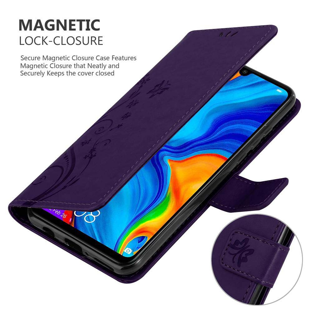 Custodia per telefono viola con telefono all'interno. Il testo recita: Chiusura magnetica. Il telefono è a destra.
