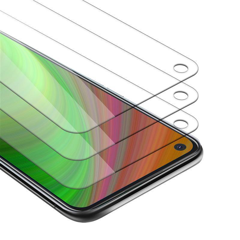 Tre protezioni per schermo impilate su un telefono. Il telefono mostra uno sfondo colorato.