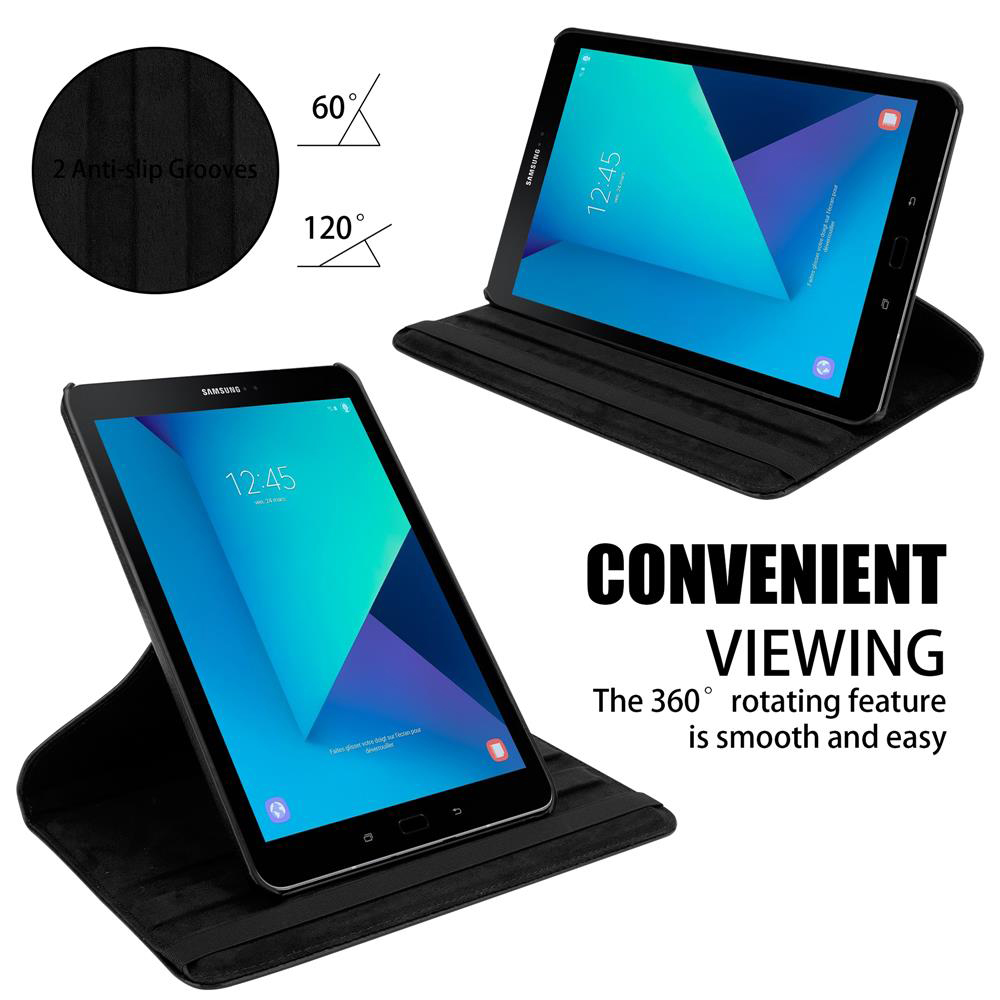 Tableta negra en funda negra. Texto: Visualización conveniente. Función de rotación 360°.