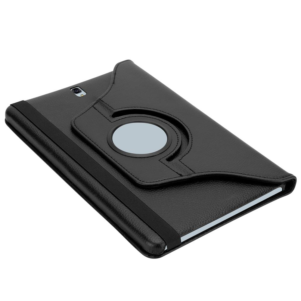Una funda negra para tableta con una banda elástica negra. El fondo es blanco.