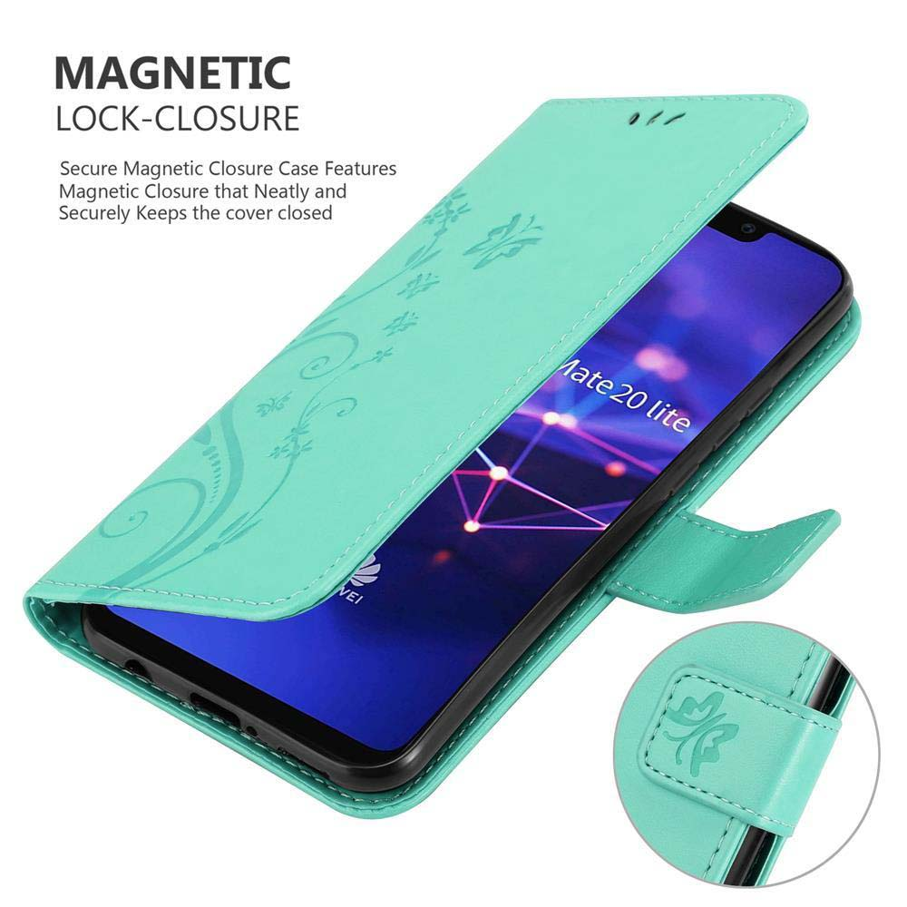 Custodia teal aperta con design floreale, che rivela un telefono. Testo MAGNETIC LOCK-CLOSURE.