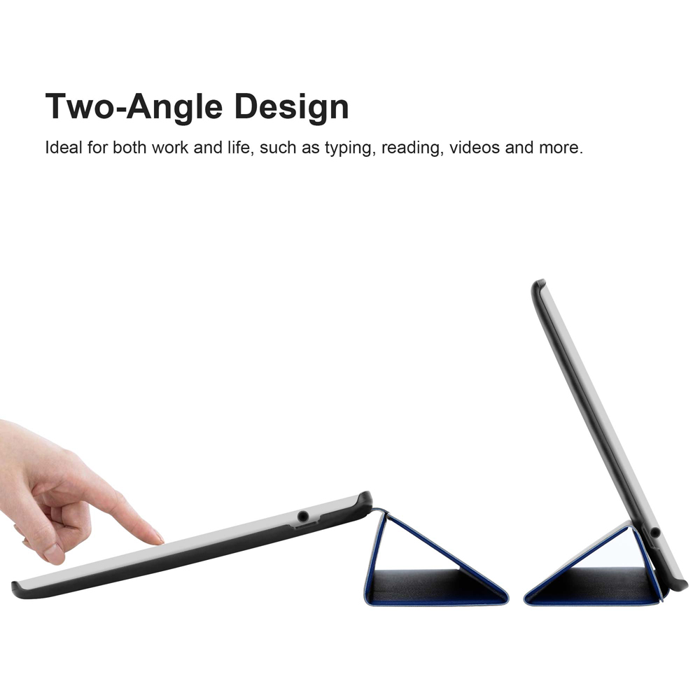 Ein Tablet in zwei Positionen, eines flach, eines abgewinkelt. Das Tablet ist silbern mit schwarzem Rand und ein Finger zeigt.
