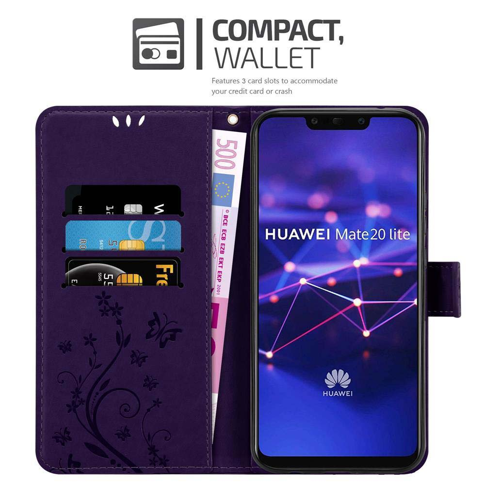 Custodia viola con fessure per carte e un telefono. Una banconota da 500 euro è nella custodia.