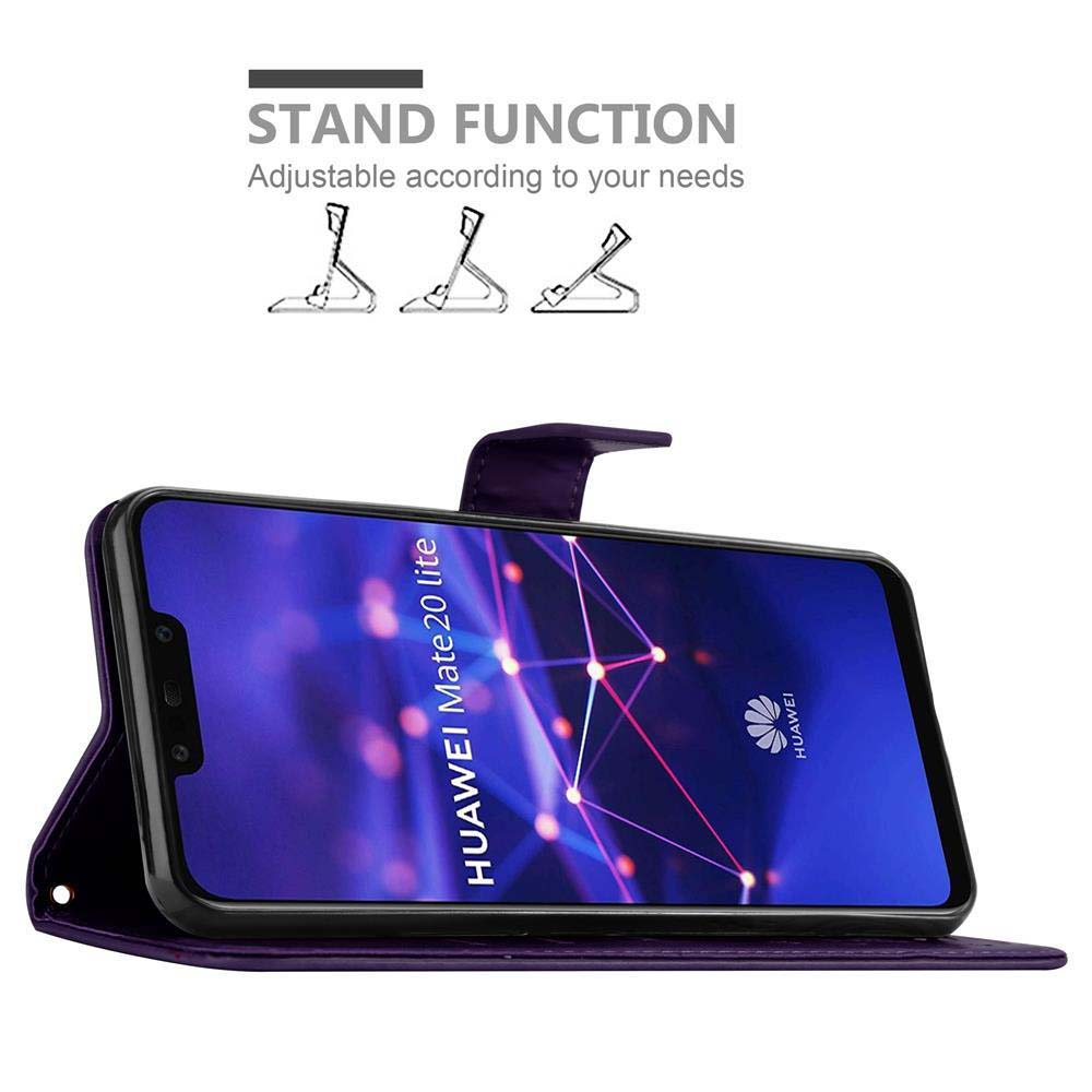 Telefono in una custodia con funzione stand. Lo schermo del telefono mostra uno sfondo viola con un design bianco.