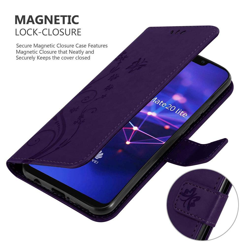 Custodia per telefono viola con un design floreale, aperta. Lo schermo del telefono è visibile. È presente una chiusura magnetica.